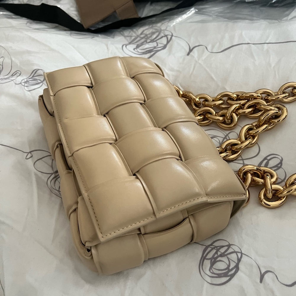 Bottega Veneta Padded Cassette Bag with Chain in Porridge